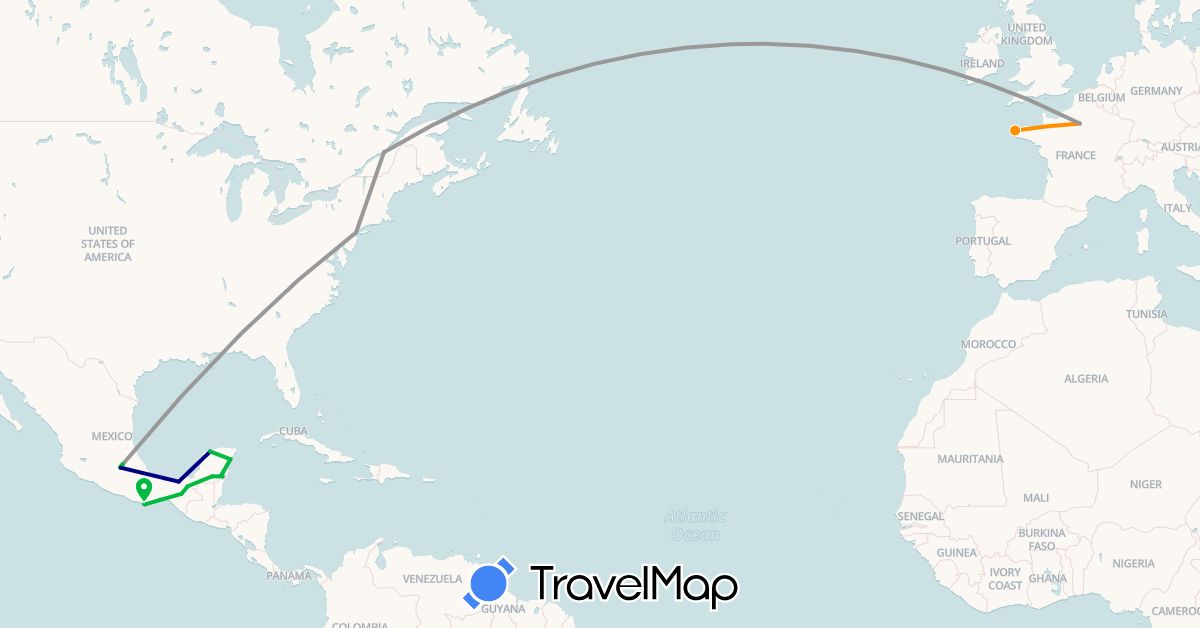 TravelMap itinerary: driving, bus, plane, hitchhiking in Canada, France, Mexico, United States (Europe, North America)